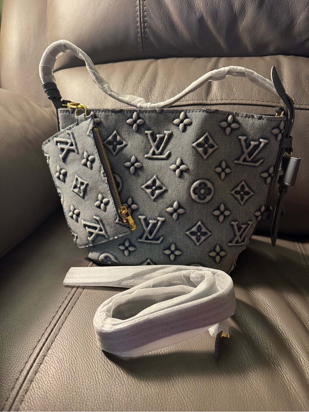 Summer Gray Monogram Denim Small Shoulder Bag